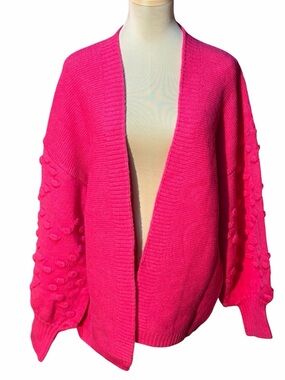 Umgee Hot Pink Open-Front Pom Detail Cardigan
